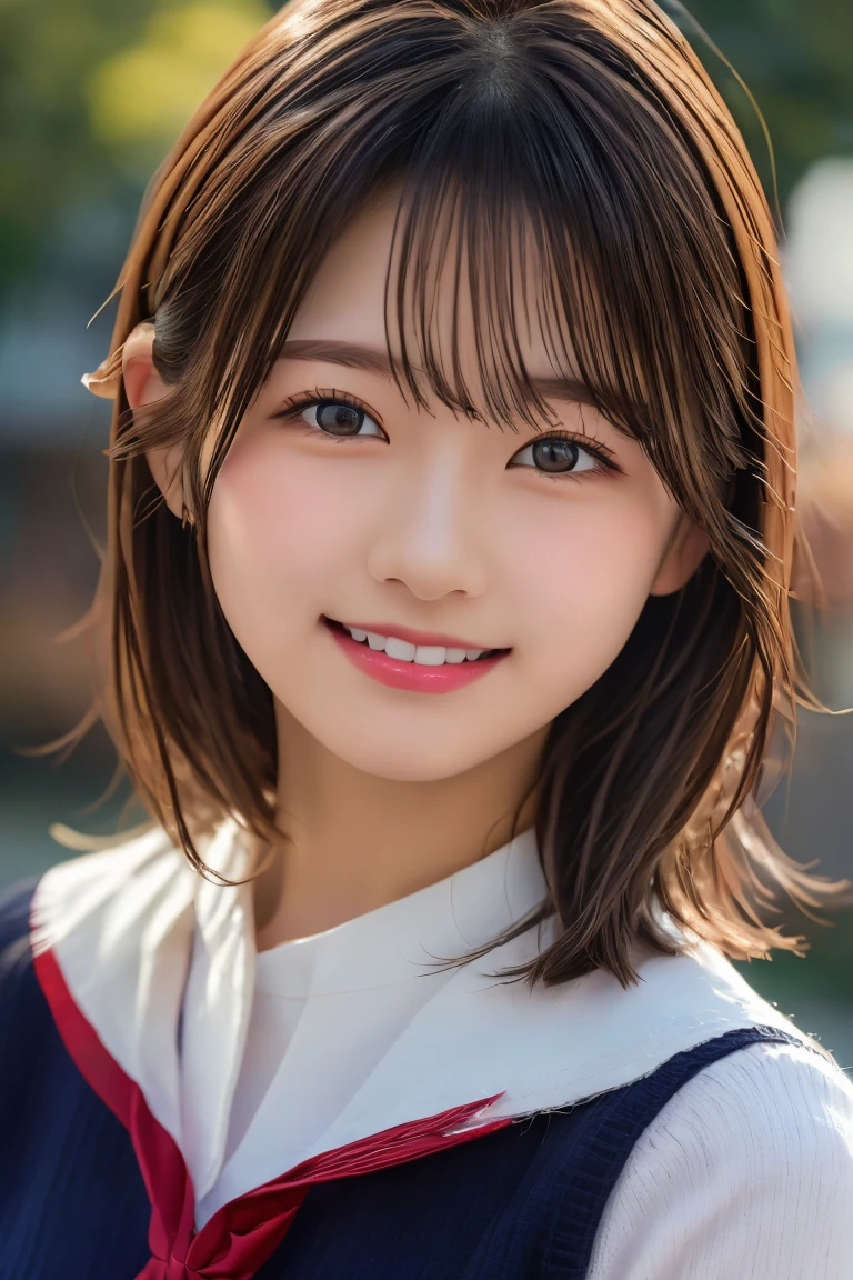 Highest quality, (beautiful)、Brown Hair、School Ribbon、Sailor suit、Close-up、smile、looking at the camera、Big