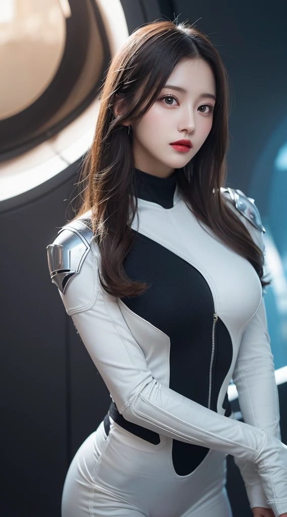 masterpiece, best quality, illustration, Extremely detailed, Fine details, high resolution, 8k wallpaper, Perfect dynamic composition, i am a photographer, she is a model, Beautiful and delicate eyes, Bodysuit Armor, Long hair, Large Breasts, Natural lipstick, Casual and sexy pose, Zero Gravity: 1.9