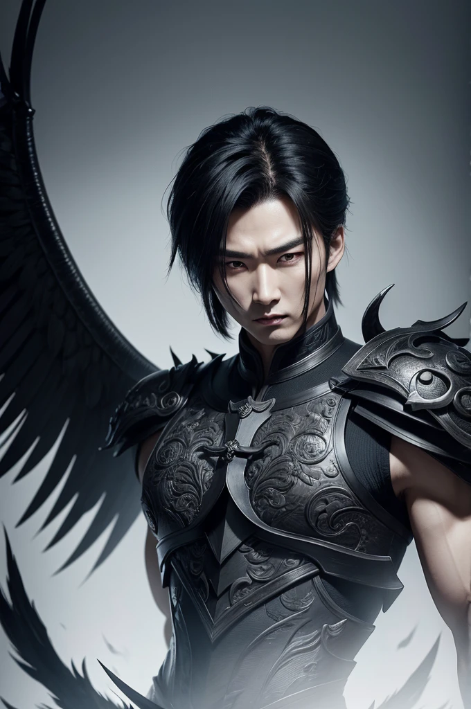 masculine, Cao Cao, low hair, half angel half demon, eyes black, big black wings, striking look,