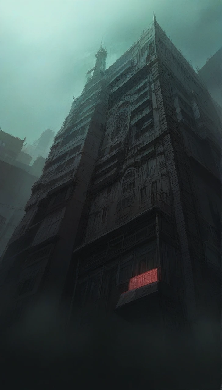 a golden temple Amritsar in the middle of a foggy sky, (neotokyo), dark building, still from the movie bladerunner, dystopian atmosphere, cyberpunk building, akira movie style, neo brutalism, neotokyo source, brutalist dark fantasy, blade runner concept art, dystopian brutalist atmosphere, cyberpunk horror style, dystopian art, dystopian mood, bladerunner apartment