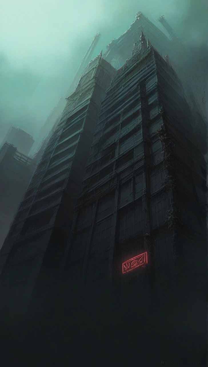 a golden temple Amritsar in the middle of a foggy sky, (neotokyo), dark building, still from the movie bladerunner, dystopian atmosphere, cyberpunk building, akira movie style, neo brutalism, neotokyo source, brutalist dark fantasy, blade runner concept art, dystopian brutalist atmosphere, cyberpunk horror style, dystopian art, dystopian mood, bladerunner apartment