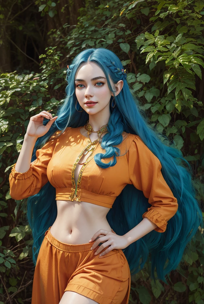 masterpiece, fulllength, perfect body, perfect face, blue hair, skimpy orange clothing, long braided hair, fantasy character, druid, wood elf, perfect breasts, slim, thighs, midriff, green eyes, magical, smiling, magical,