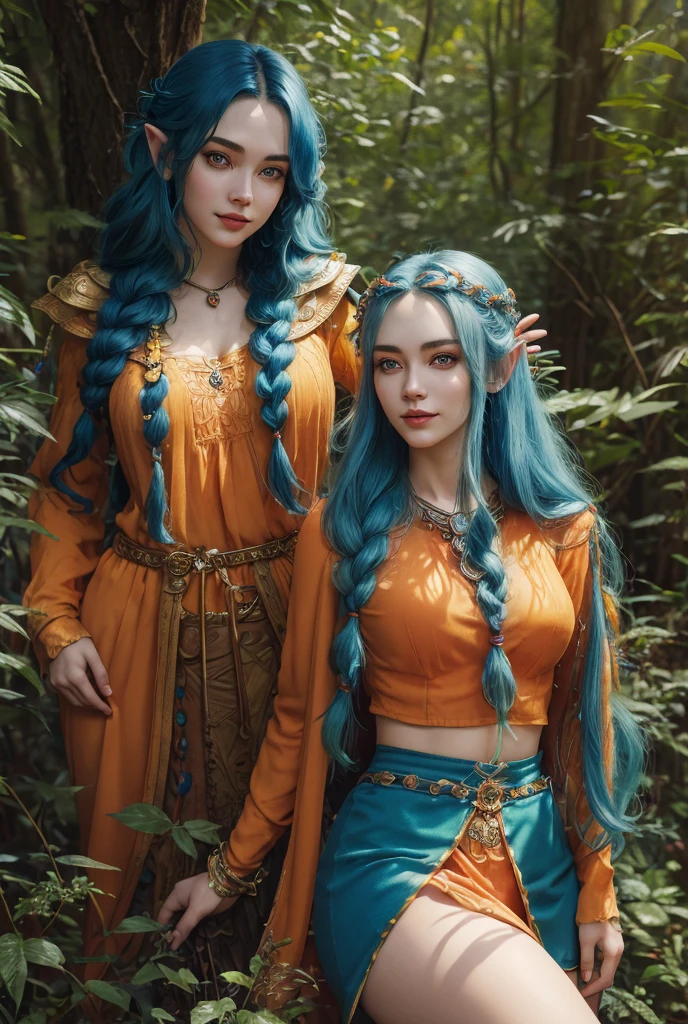 masterpiece, fulllength, perfect body, perfect face, blue hair, skimpy orange clothing, long braided hair, fantasy character, druid, wood elf, perfect breasts, slim, thighs, midriff, green eyes, magical, smiling, magical,