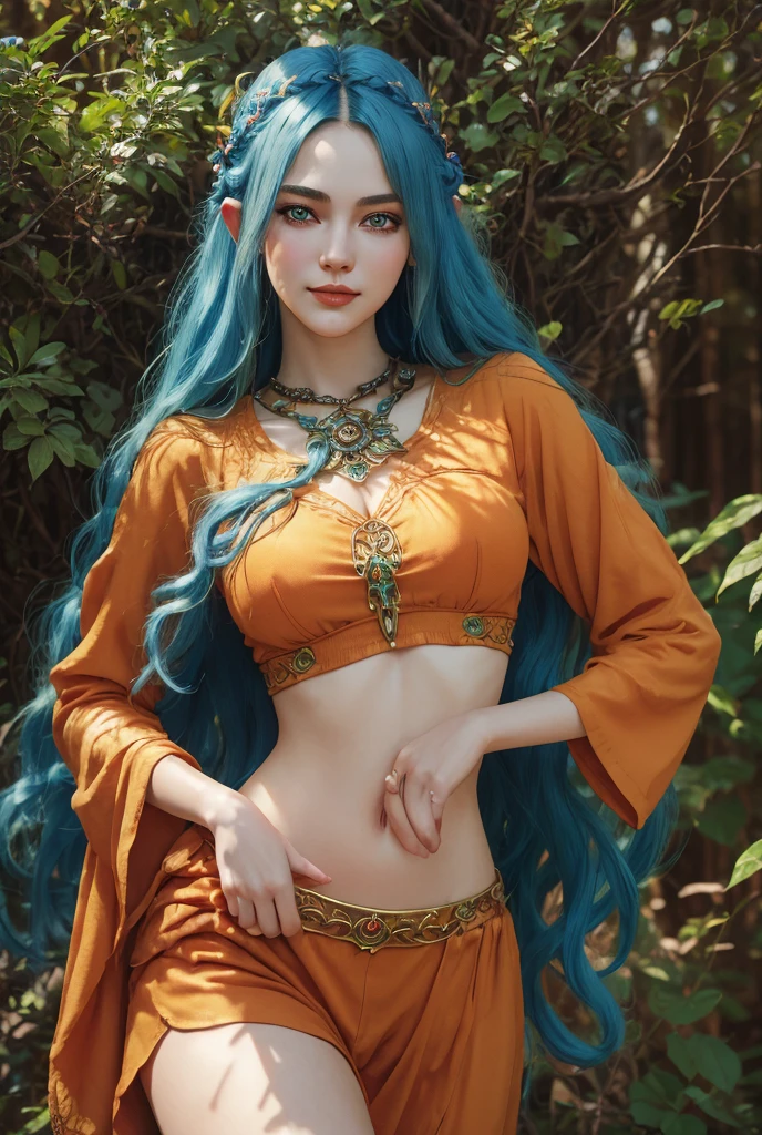 masterpiece, fulllength, perfect body, perfect face, blue hair, skimpy orange clothing, long braided hair, fantasy character, druid, wood elf, perfect breasts, slim, thighs, midriff, green eyes, magical, smiling, magical,