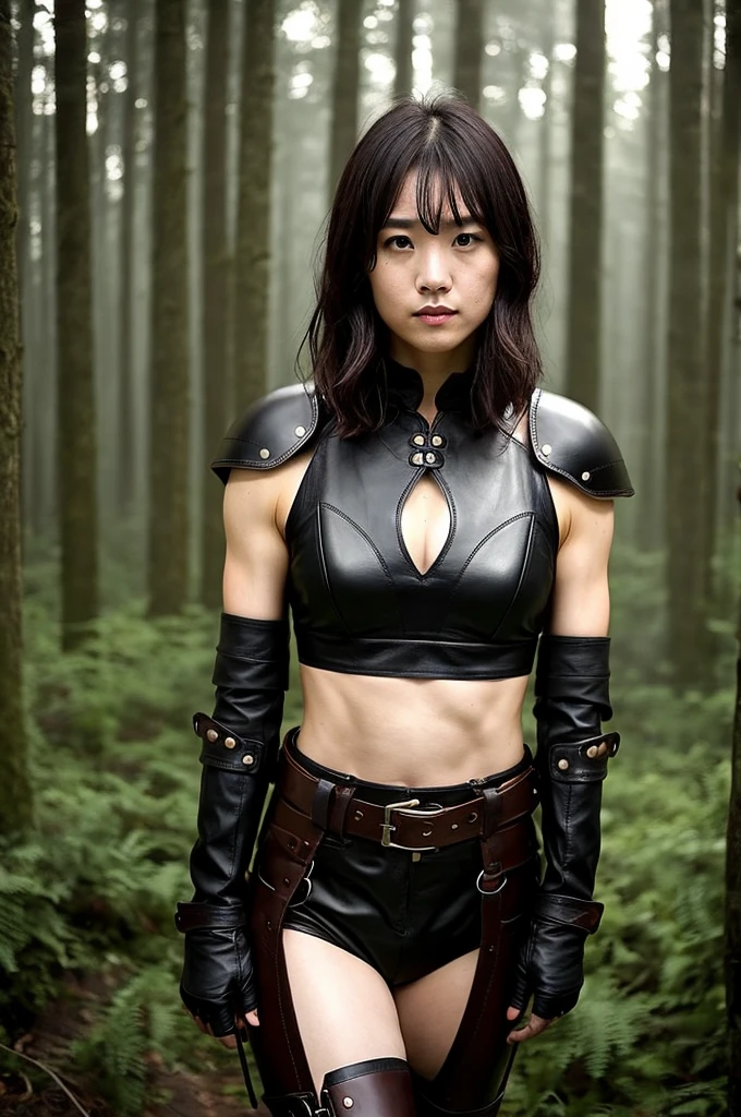 You are a professional photographer,The woman is wearing leather boots and leather gear. , One girl, alone, armor, chest, arms、in a foggy forest、Dark Sky、Cute face、perfection、darkness、chestの谷間、Abdominal muscles、assassin、Morning haze