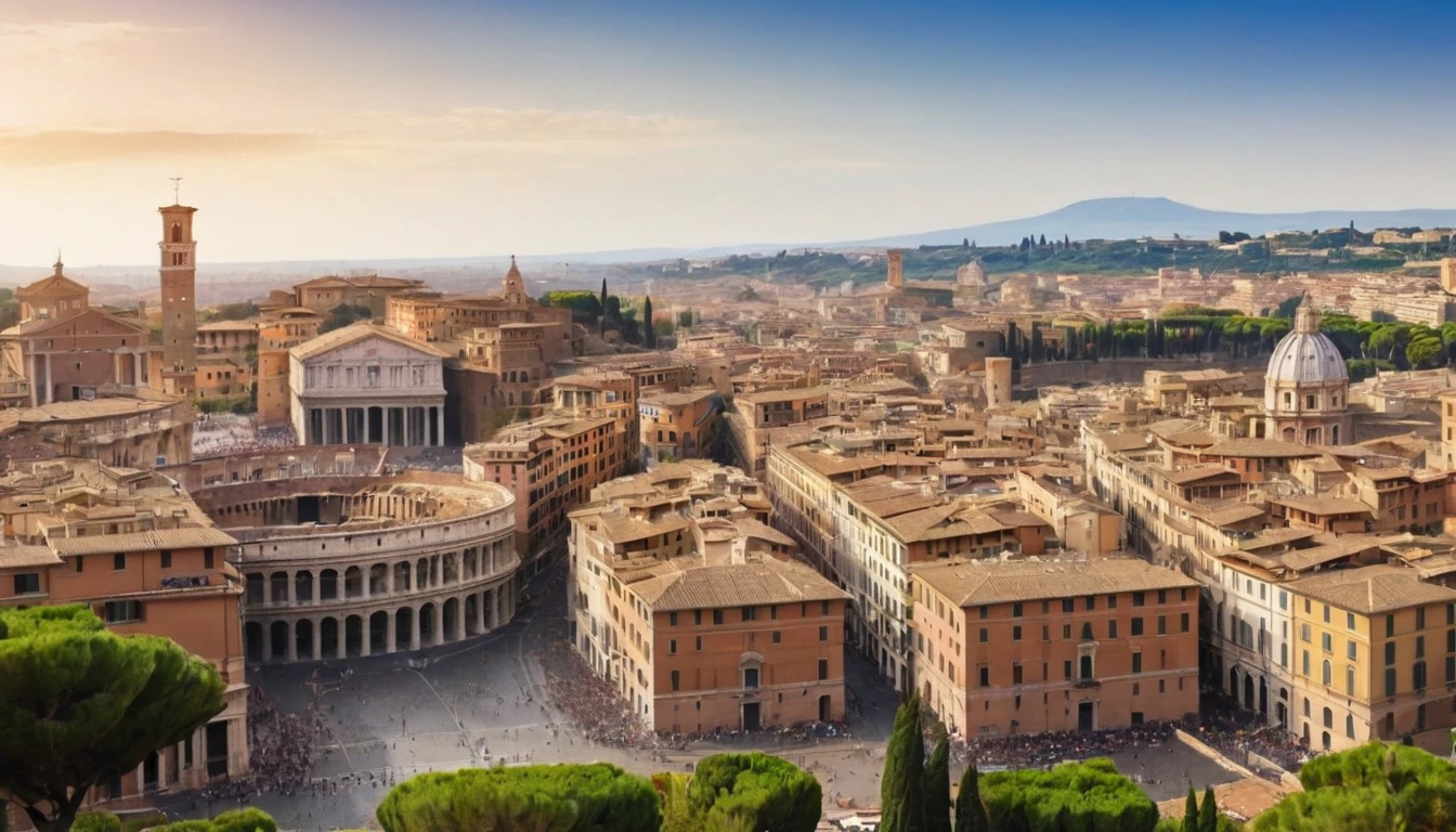 arafed view of a city with a lot of buildings and a clock tower, roman city, rome, ancient rome, rome in background, eternal city, roma, roman monuments, ancient roman setting, rome backdrop, roman historic works, market in ancient rome, old roman style, colosseo, city ruins in the background, ancient roman style, view from slightly above