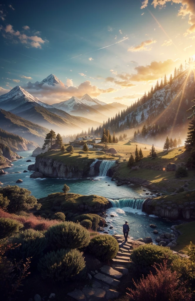 photorealistic landscape, natural landscape, naturey, Beleza Da naturey, Golden Sunset, Sky, Sky Power, Detailed Realistic Sunset, Cedars, Cedar, God's City, Heavens Realm, mountainscape, rivers of water, Sunset realism, Árvores naturey, Alone Men, man on his back, Man's Back, panorama, Alpha Male, Path to Heaven, heavenly, Detailed Realistic Image 8K, 16K Photorealistic Contrast, 8K Photorealistic Sharpness, 4K Photorealistic Cores, 16K Photorealistic Shadows, 8K Photorealistic Textures, 16K Photorealistic Texture, 4K Photorealistic Light, 4K PhotoRealism, FullHD 4K Detailed Contrast, detailed sharpness FullHD 8K, detailed sharpness FullHD 4K, detailed sharpness, 2K Detailed Colors, lifelike colors, FullHD Detailed Shadows, 4K Detailed Textures, detailed texture, padoru, Natural Beauty, chic 
