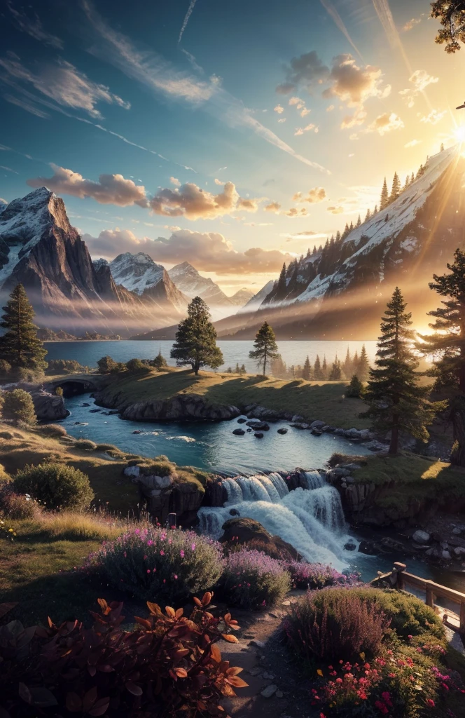 photorealistic landscape, natural landscape, naturey, Beleza Da naturey, Golden Sunset, Sky, Sky Power, Detailed Realistic Sunset, Cedars, Cedar, God's City, Heavens Realm, mountainscape, rivers of water, Sunset realism, Árvores naturey, Alone Men, man on his back, Man's Back, panorama, Alpha Male, Path to Heaven, heavenly, Detailed Realistic Image 8K, 16K Photorealistic Contrast, 8K Photorealistic Sharpness, 4K Photorealistic Cores, 16K Photorealistic Shadows, 8K Photorealistic Textures, 16K Photorealistic Texture, 4K Photorealistic Light, 4K PhotoRealism, FullHD 4K Detailed Contrast, detailed sharpness FullHD 8K, detailed sharpness FullHD 4K, detailed sharpness, 2K Detailed Colors, lifelike colors, FullHD Detailed Shadows, 4K Detailed Textures, detailed texture, padoru, Natural Beauty, chic 