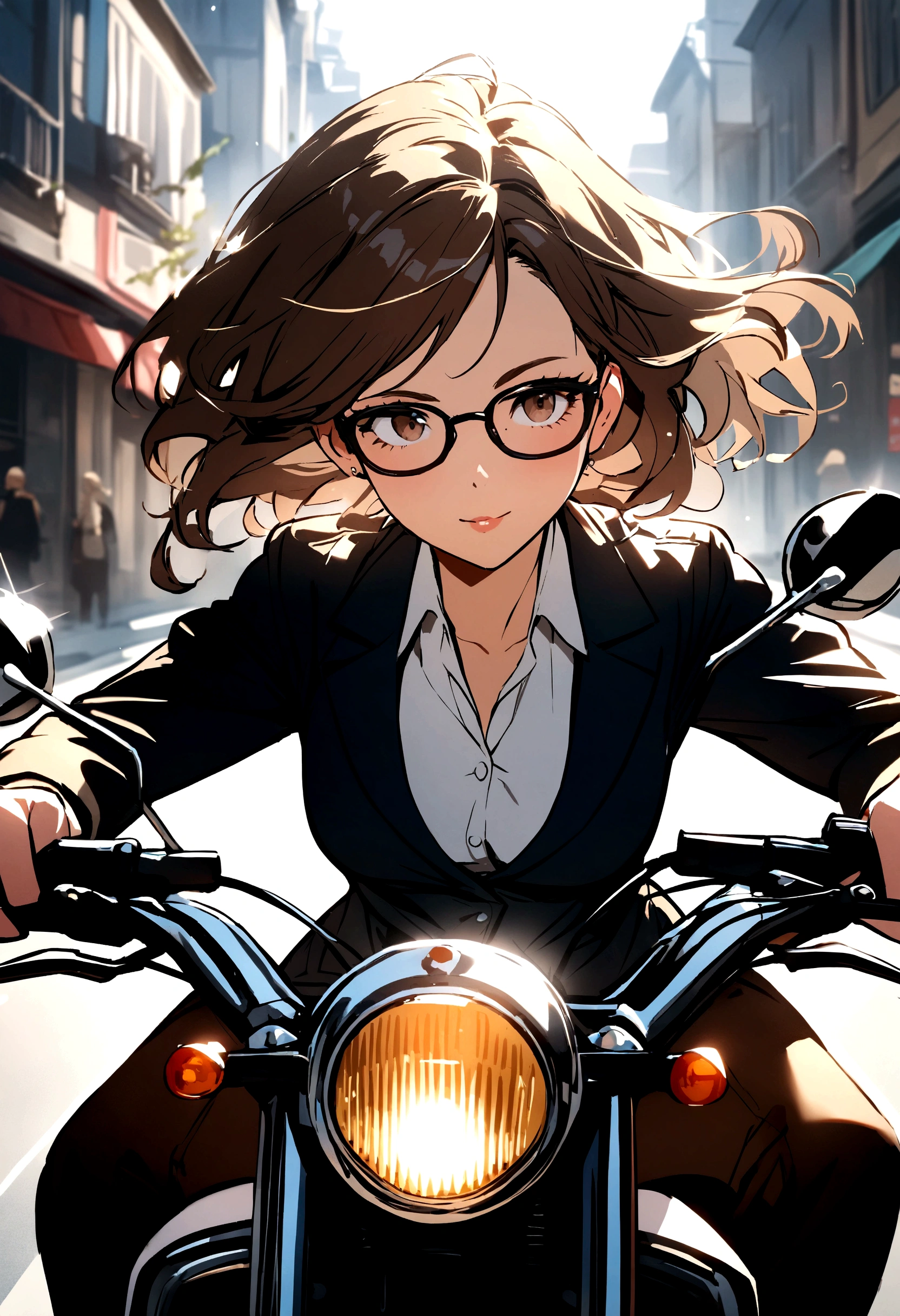 Brunette girl , on a motorcycle with glasses