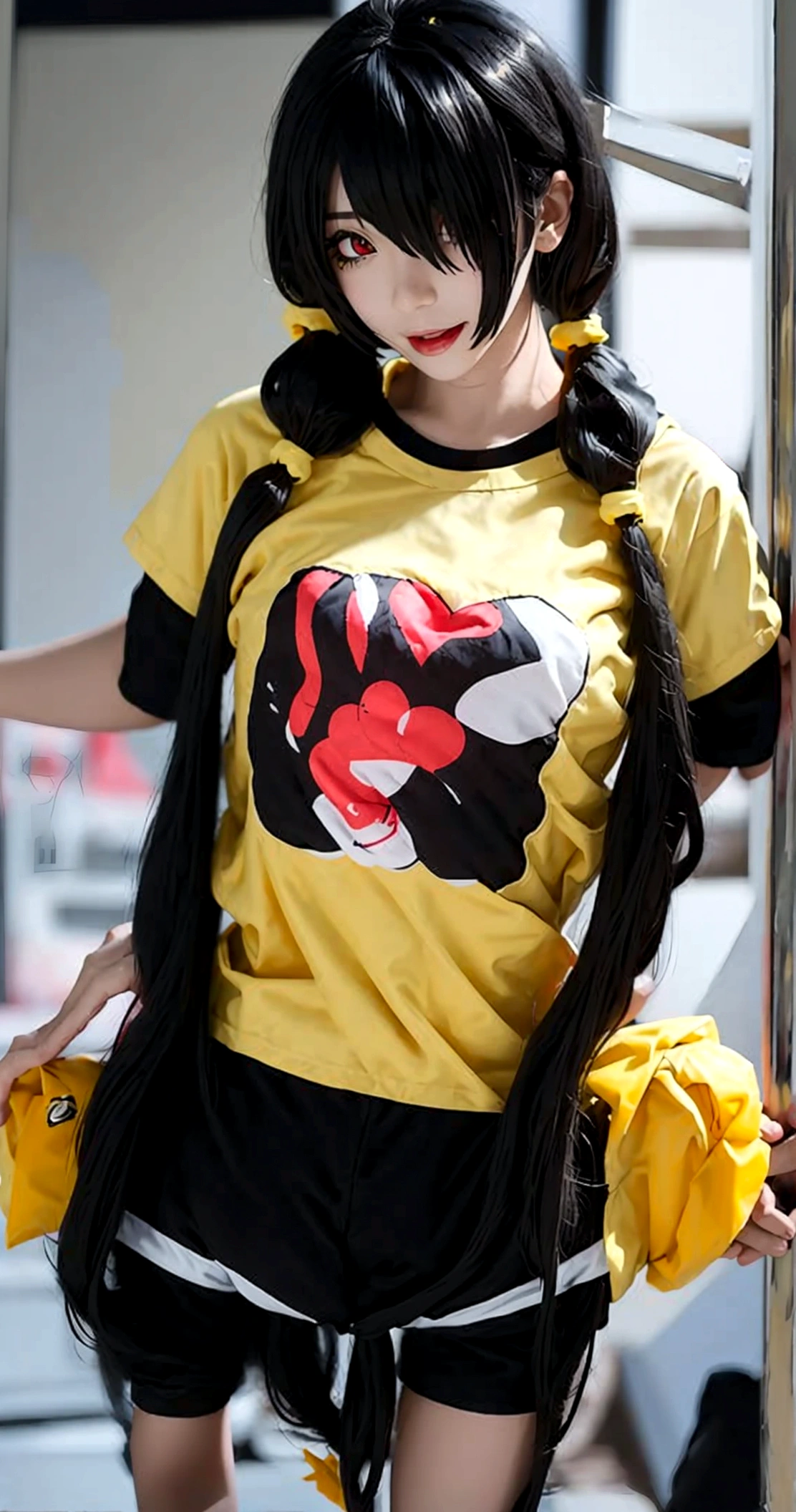 ultra-detailed,highly detailed,best quality,masterpiece,illustration,realistic, photo,photorealistic,
1girl, tokisaki kurumi,cosplay,hair over one eye, (right red eye, left yellow eye), looking at viewer, happy girl,low twintails, ((t-shirts)), (((black hotpants))), hair rings, loafers,
(Outdoors) , walking, beach