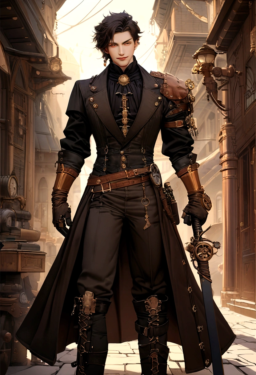 steampunk fantasy style, steampunk art, steampunk digital art, handsome young chinese man, modern warrior, gothic clothes, holding katana