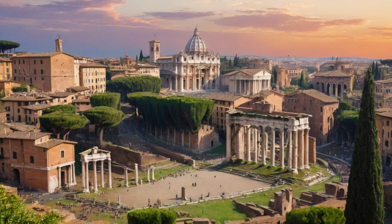 arafed view of a roman city with a clock tower and a roman forum, ancient rome, old roman style, ancient roman setting, roman historic works, ancient roman style, rome backdrop, rome in background, roma, roman architecture, all roads lead to rome, colosseo, rome, roman style, market in ancient rome, roman monuments, roman city