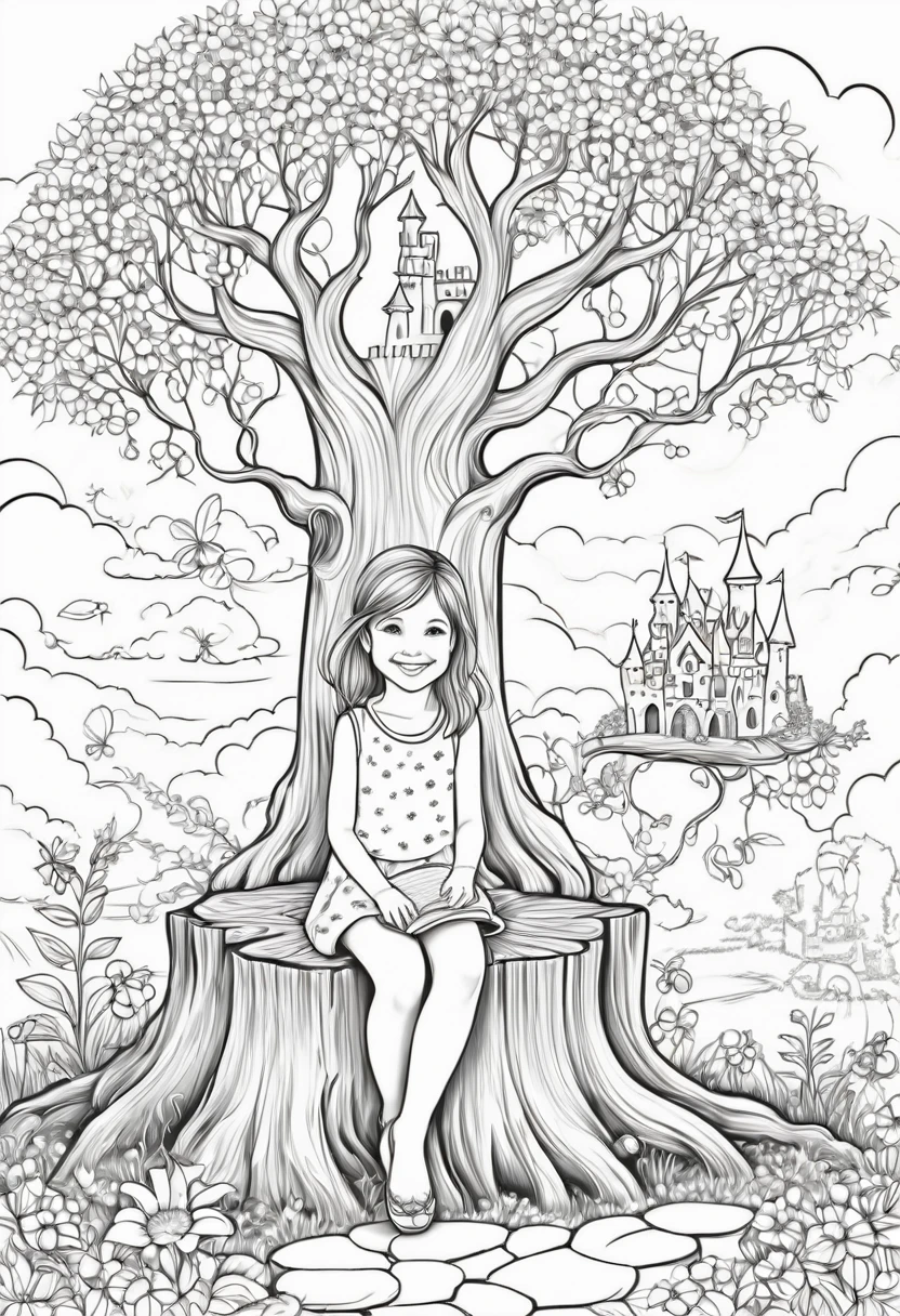 the picture is in the style of a coloring book black and white lines. a litlle girl is smiling and sitting on the tree stump looking at the flovers around her.t here are fairy trees behind her and fairy castle, clouds and sun in the backgraund