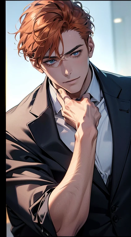 (best quality,4k,8k,highres,masterpiece:1.2),ultra-detailed,(realistic,photorealistic,photo-realistic:1.37),1 man,31 years old,mature man,very handsome,without expression,smile,short grey b
Orange hair,blue eyes,penetrating gaze,perfect face without errors,imposing posture,businessman,office background,cinematic lighting,hdr image