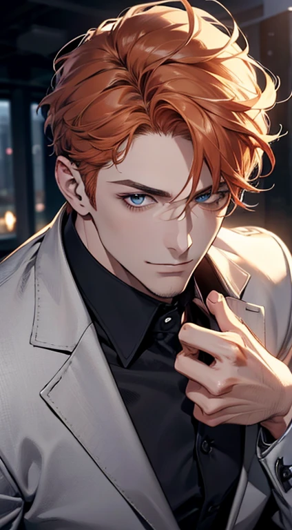 (best quality,4k,8k,highres,masterpiece:1.2),ultra-detailed,(realistic,photorealistic,photo-realistic:1.37),1 man,31 years old,mature man,very handsome,without expression,smile,short grey b
Orange hair,blue eyes,penetrating gaze,perfect face without errors,imposing posture,businessman,office background,cinematic lighting,hdr image