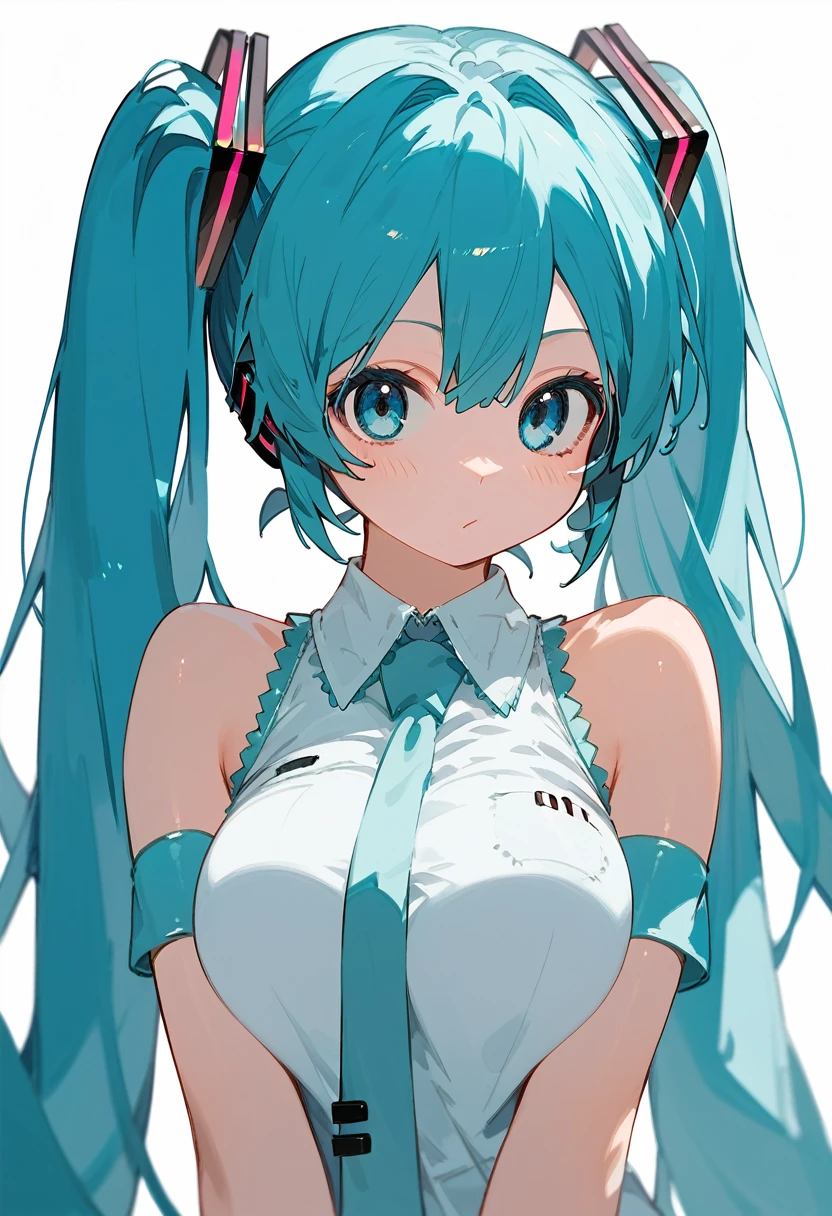 Hatsune Miku, light blue hair, light blue eyes, two hair ties, large breasts