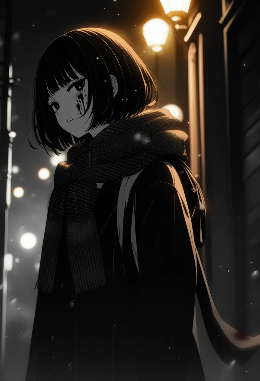 masterpiece, best quality, 1girl, momose_(oqo) official art, grayscale, manga style, japanese, chi no wadachi, black eyes, street, iced, black hair, schoolbag, smile, crying, tears, tears streaming, blood, blood_from_mouth, bruise, nosebleed, lineart, face against the ground, looking at viewer, blood on face, black coat, black scarf, 35 years old, mature_female:1, tall, fair skinned, bokeh background, streaming, bob cut, light particles, centered, snowing, emotional anime scene, (very aesthetic, best quality, ultra detailed), intricate details, red and blue lights flashing, camera glare, from above
