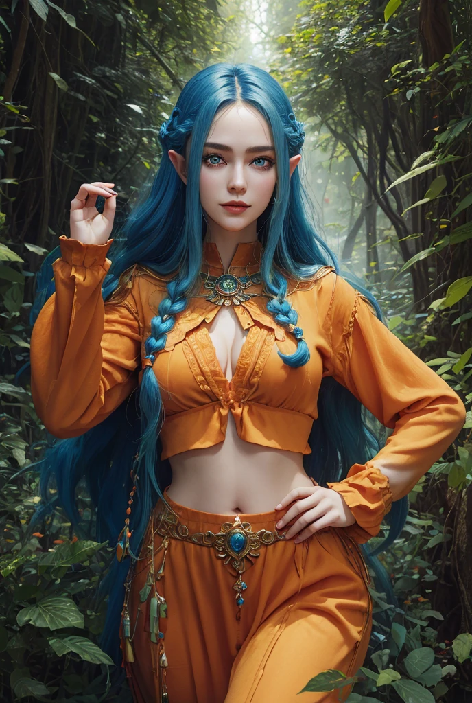 masterpiece, fulllength, perfect body, perfect face, blue hair, sexy orange clothing, long braided hair, fantasy character, druid, wood elf, perfect breasts, slim, thighs, midriff, green eyes, magical, smiling, magical,