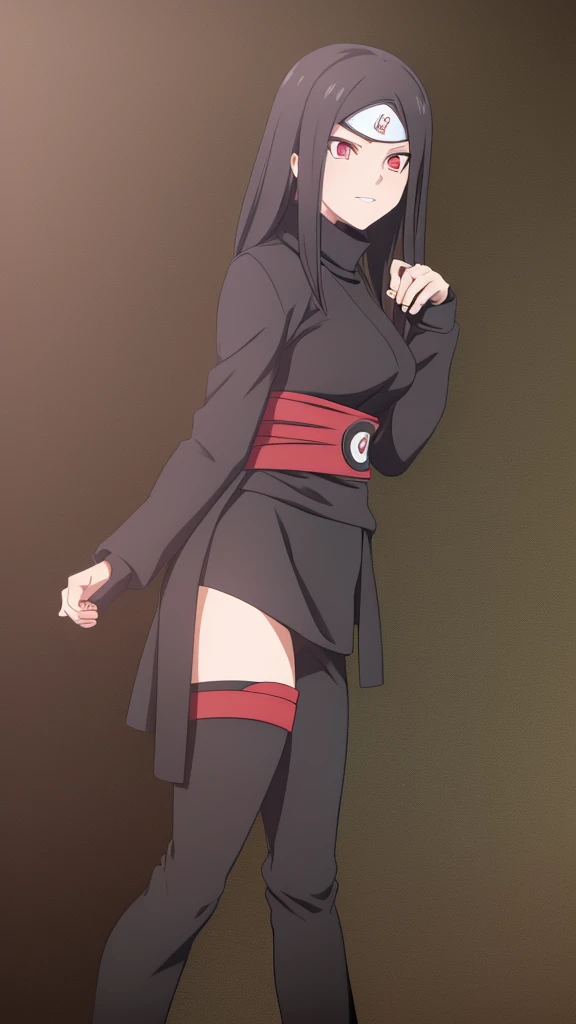 Girl, Long black hair, Sharingan eyes, black turtleneck, Black pants, Naruto-style ninja outfit.