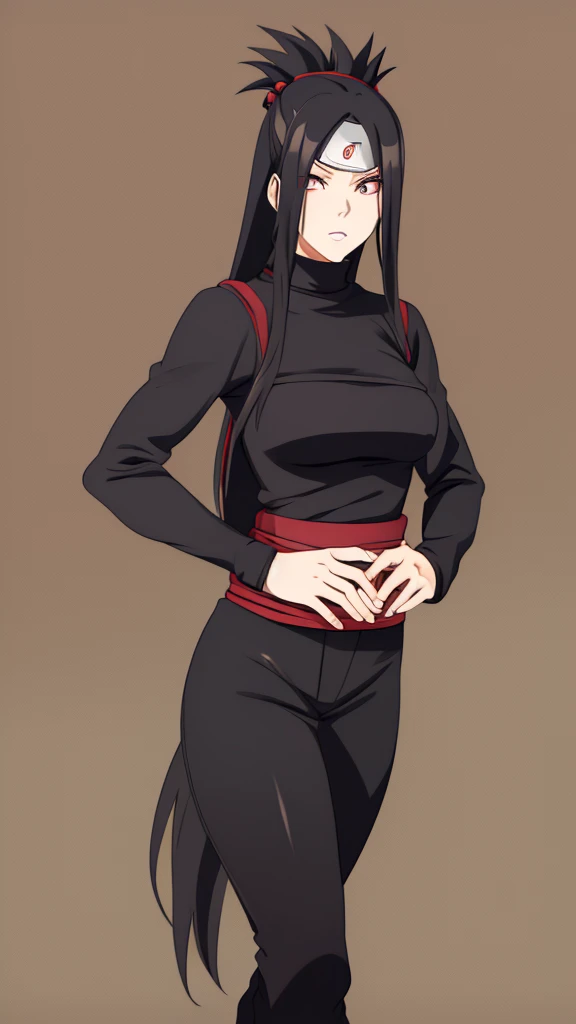 Girl, Long black hair, Sharingan eyes, black turtleneck, Black pants, Naruto-style ninja outfit.