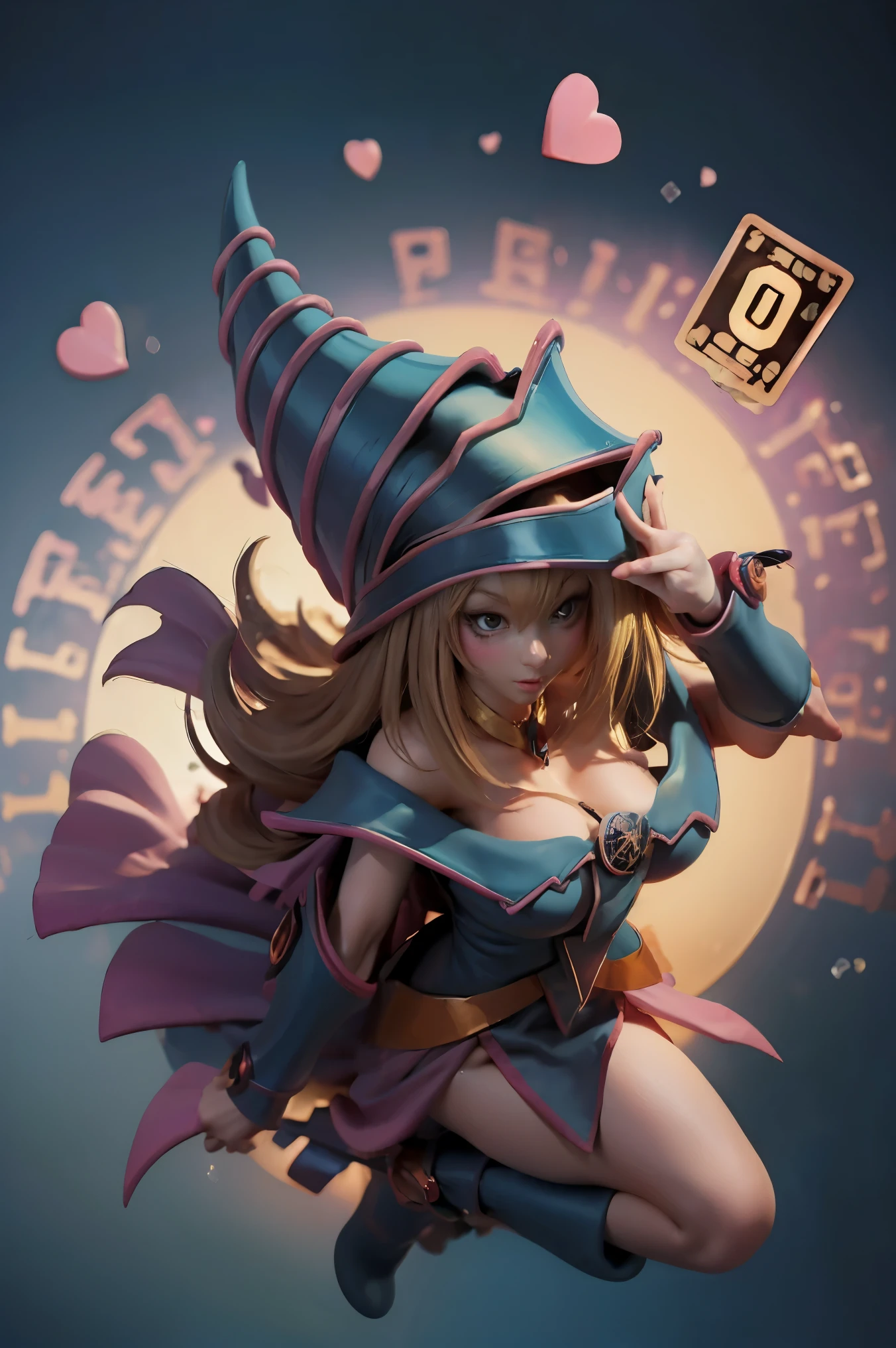 (Masterpiece:1.2), (The best quality:1.2), perfect lighting, Dark Magician Girl casting a spell, floating in the air, big tits, neckline, magic background. Transparent hearts in the air, blue robe, big hat, From above, sparkles, Yugioh Card in the background. In heels and a bikini