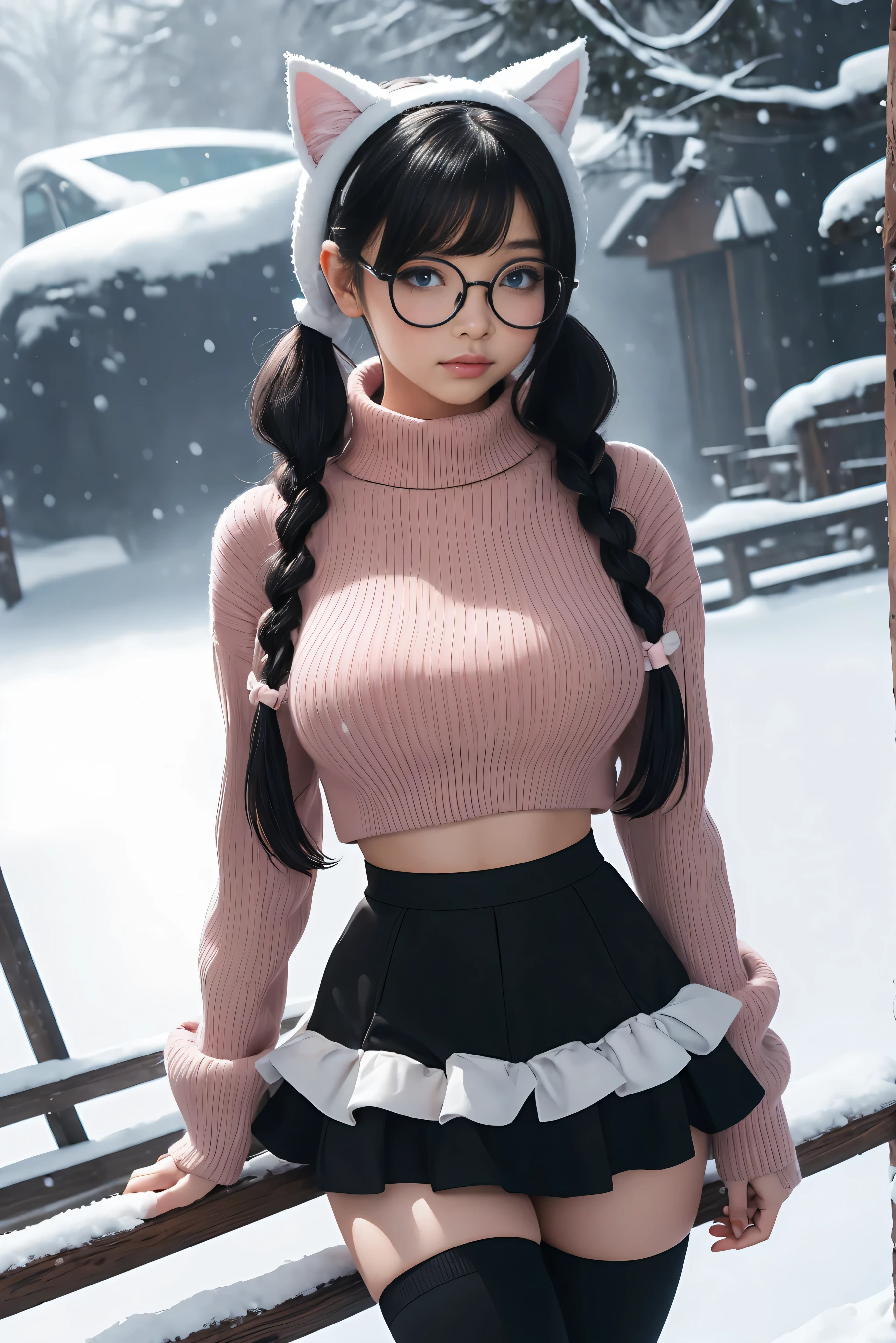 (Best Quality,High resolution:1.2), Ultra-detailed, Realistic portrait, hot Russian girl, pretty face, perfect long legs, full body, tiny waist. large breasts, standing, tight white cropped jumper, black high waist leggings, pink and white snow boots, in the snow, large blue eyes, long black hair tied up with a ribbon, pigtails, tight high waist mini skirt, woolen socks, hair bangs, snowing, foggy, (large round black rimmed glasses), cat ears, (large bow at the back of head, midriff)