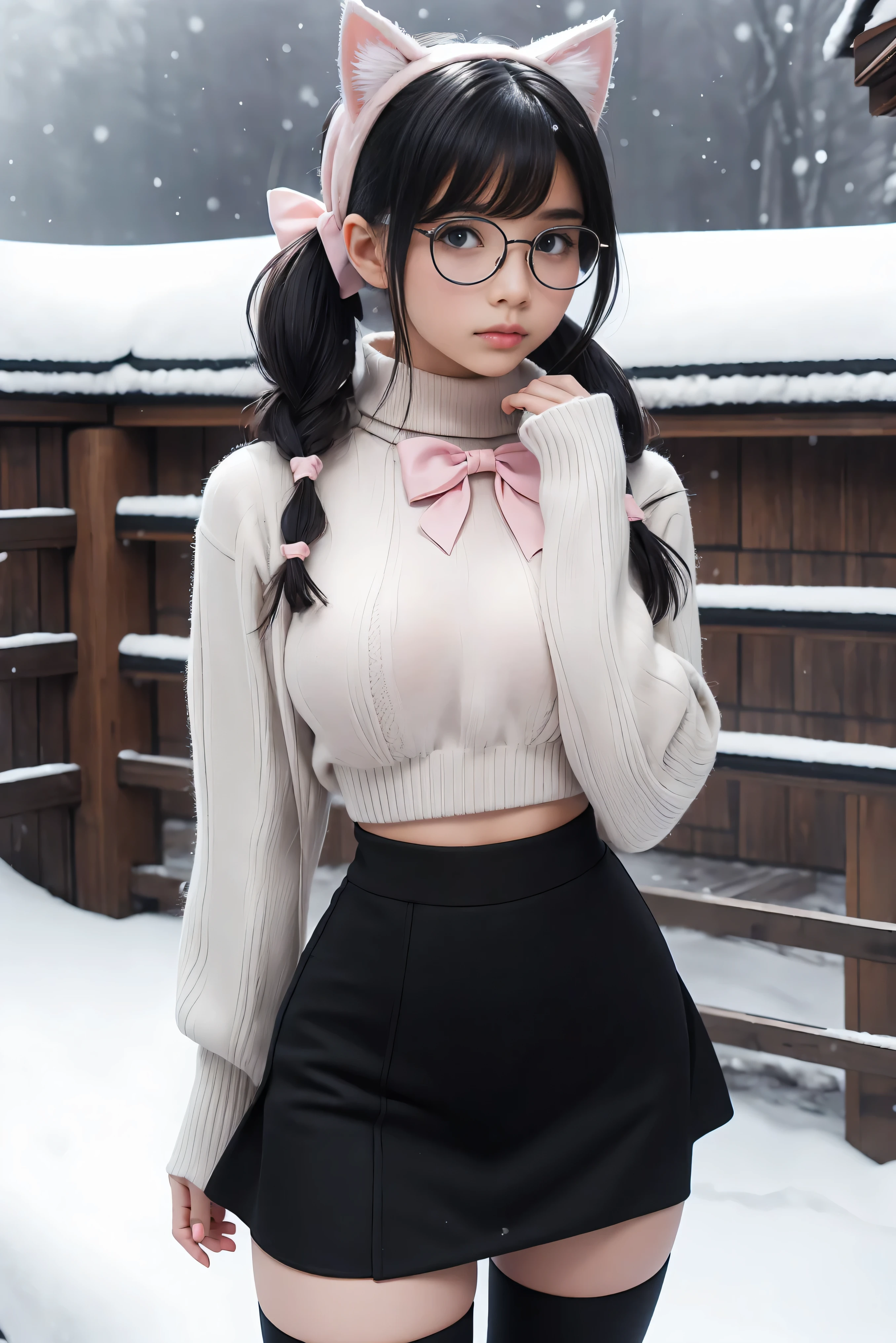 (Best Quality,High resolution:1.2), Ultra-detailed, Realistic portrait, hot Russian girl, pretty face, perfect long legs, full body, tiny waist. large breasts, standing, tight white cropped jumper, black high waist leggings, pink and white snow boots, in the snow, large blue eyes, long black hair tied up with a ribbon, pigtails, tight high waist mini skirt, woolen socks, hair bangs, snowing, foggy, (large round black rimmed glasses), cat ears, (large bow at the back of head, midriff)