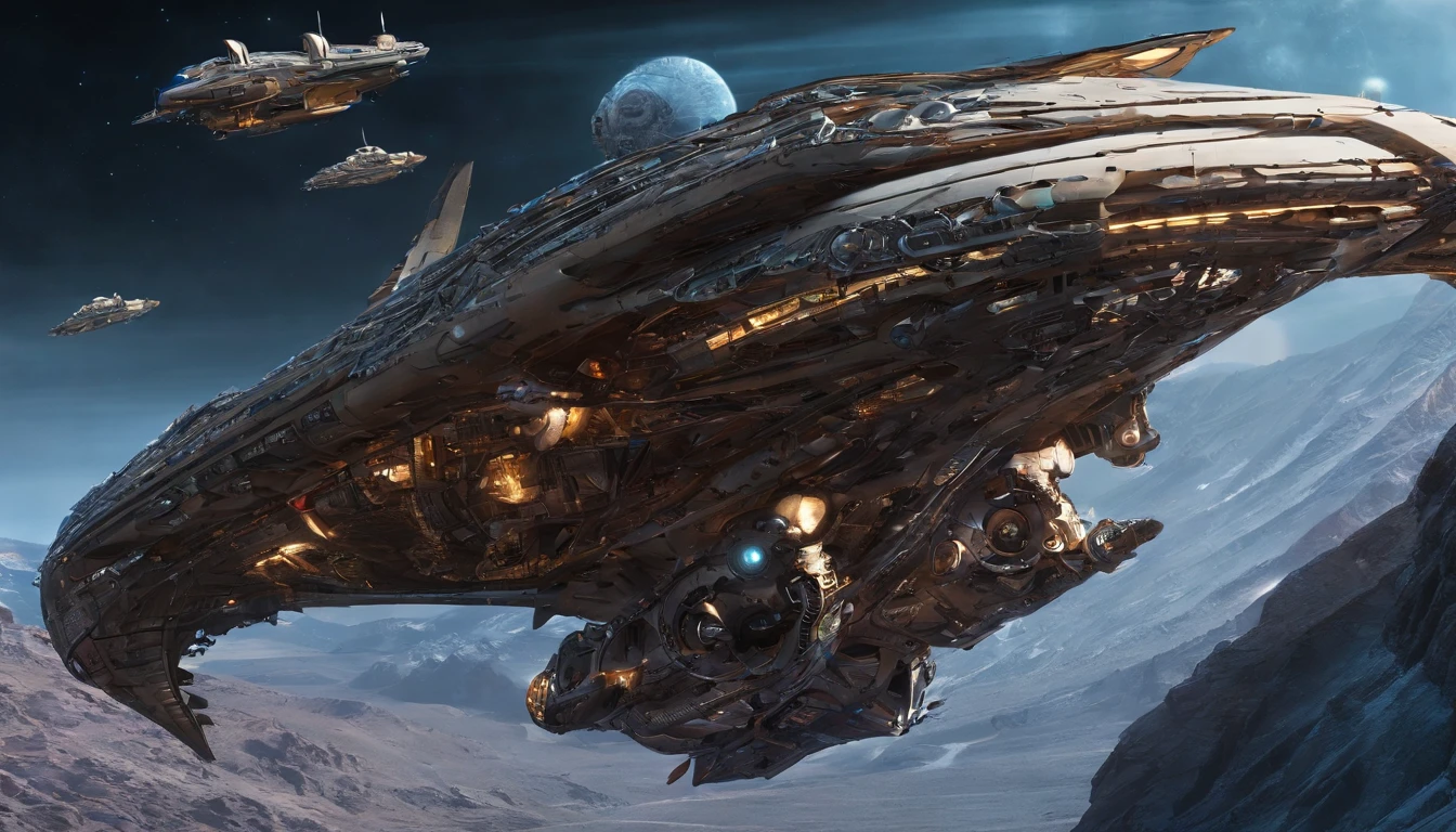 In this awe-inspiring blend of steampunk-inspired and futuristic elements, a unique starship takes center stage, designed by the genius imaginations of Jules Verne, Leonardo Da Vinci, & Benjamin Franklin. The starship is an amalgamation of iconic vehicles from different eras, including a 1980 Lamborghini, a 1960s Shelby Mustang, and a 1974 Winnebago. The ship's journey through the vast expanse near a Saturn-Earth-esque planet is brought to life in stunning 750k UHD.The intricate motherboard forms the backbone of the vessel, culminating in an imposing, frightful, & creepy set of 12 stove burners are carved into the front. The ship's powerful artillery is visible in the background, while blue crystal diamond bat shaped nacelles adorn the rear.In this awe-inspiring futuristic elements, a unique starship takes center stage, designed by the genius imaginations of Edgar Rice Burroughs & & Ridley Scott. The starship is an amalgamation of iconic vehicles from different eras, including a 1980 USA Submarine, a 1960s Shelby Mustang, and a 1974 Winnebago. The ship's journey through the vast expanse near a Saturn-Earth-esque planet is brought to life in stunning 750k UHD.The intricate motherboard forms the backbone of the vessel, culminating in an imposing, frightful, & creepy Bengal Tiger's head is carved into the front. The ship's powerful artillery is visible in the background, while blue crystal diamond tiger tail shaped nacelles adorn the rear.