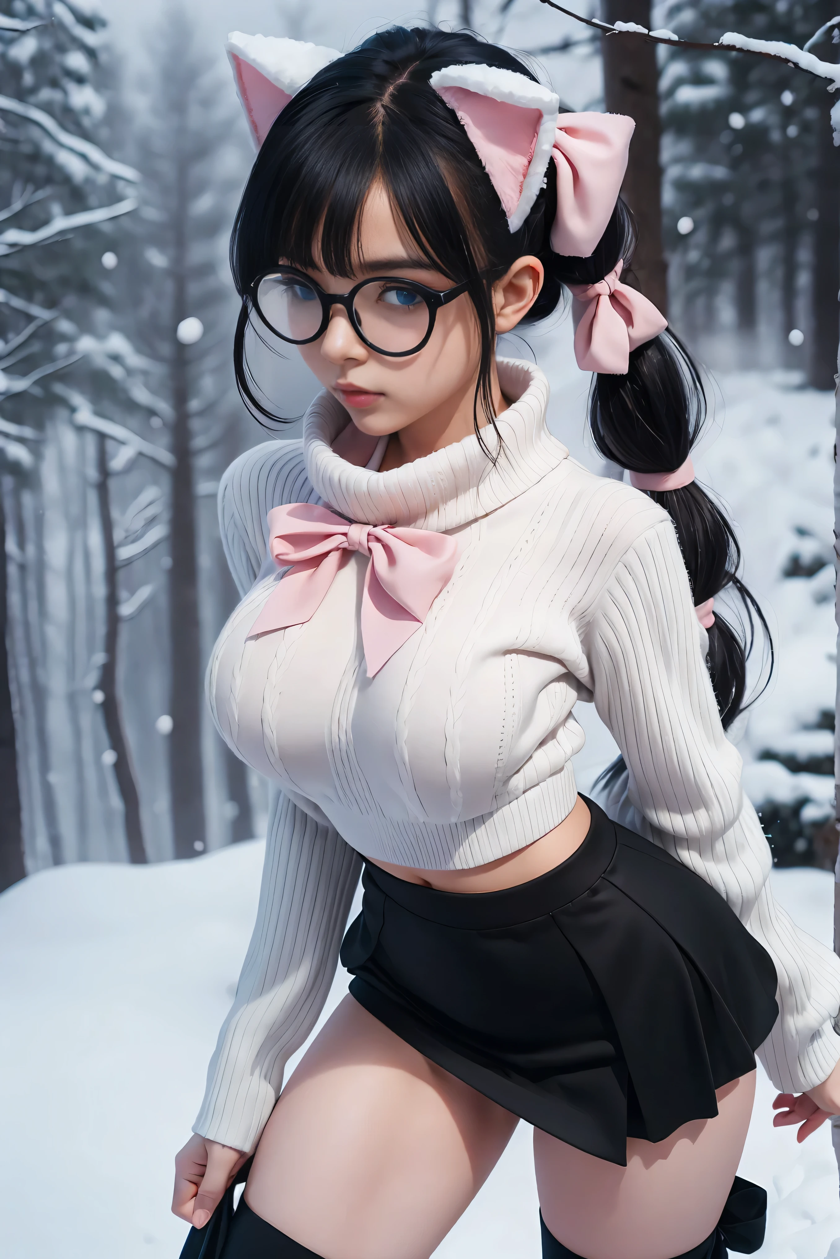 (Best Quality,High resolution:1.2), Ultra-detailed, Realistic portrait, hot Russian girl, pretty face, perfect long legs, full body, tiny waist. large breasts, standing, tight white cropped jumper, black high waist leggings, pink and white snow boots, in the snow, large blue eyes, long black hair tied up with a ribbon, pigtails, tight high waist mini skirt, woolen socks, hair bangs, snowing, foggy, (large round black rimmed glasses), cat ears, (large bow at the back of head, midriff)