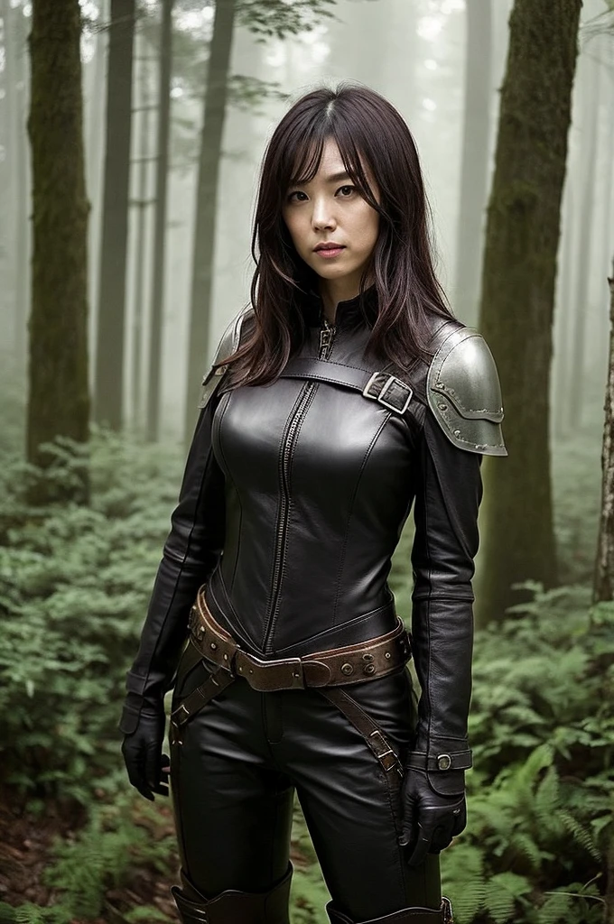 The woman is wearing leather boots and leather gear. , One girl, alone, armor, chest, arms、in a foggy forest、Dark Sky、Cute face、perfection、darkness、chestの谷間、Abdominal muscles、assassin、Morning haze