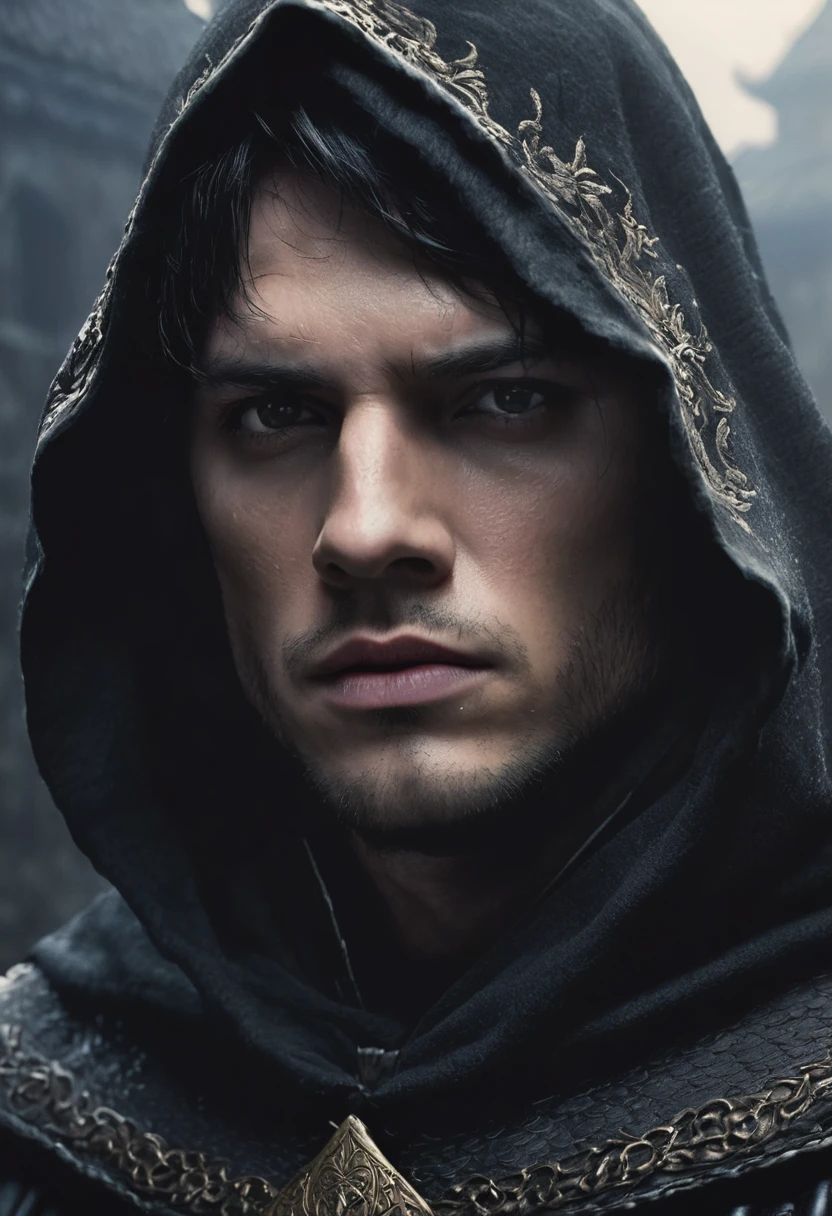 1 man, dark medieval castle background, wearing a medieval outfit with a black hood on top of his head, detailed facial features, beautiful black eyes, skin with vitiligo, dark hair hidden in the hood, serious expression, dramatic lighting, cinematic composition, palette cool, dark colors, atmospheric fog, (best quality, 4K, 8K, high resolution, art: 1.2), ultra-detailed, (realistic, photorealistic, photorealistic: 1.37)
