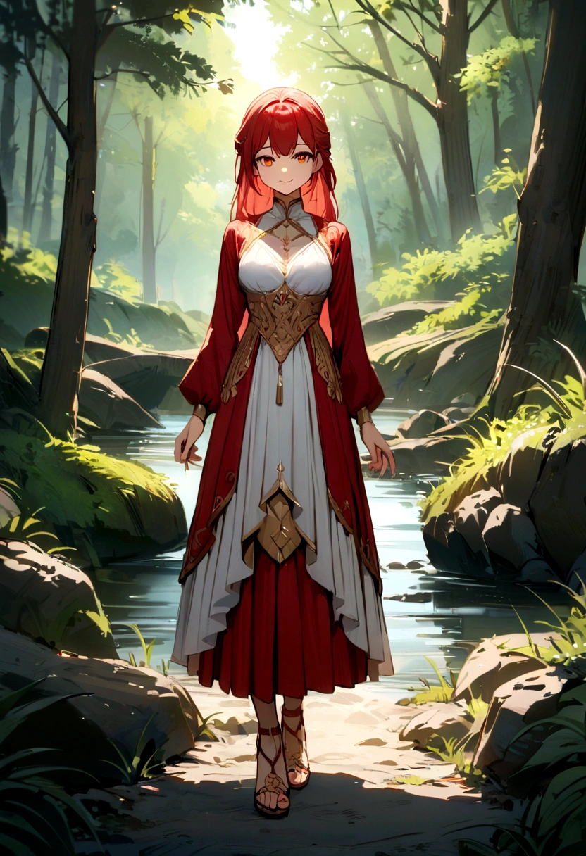 masterpiece, best quality, 1girl, red and gold eyes, red long hair, (standing:1.1), (forest:1.1), pov, perfect eyes, arms at sides, river, portrait, full body, smile, heeled sandals, beautiful landscape, trees, big
