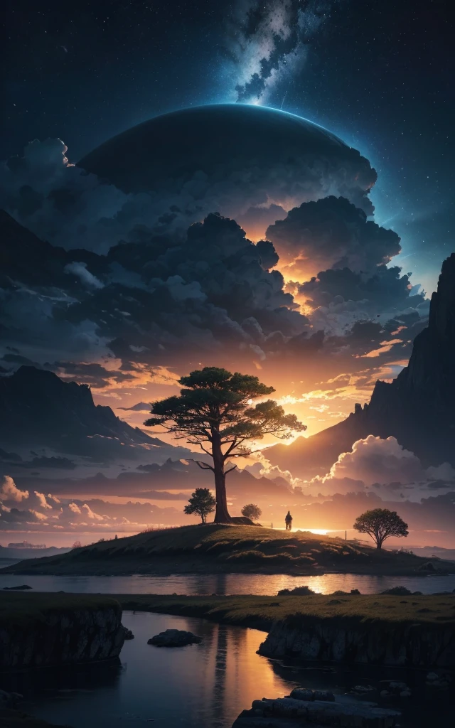 photorealistic landscape, natural landscape, naturey, Beleza Da naturey, Golden Sunset, Sky, Sky Power, Detailed Realistic Sunset, Cedars, Cedar, God's City, Heavens Realm, mountainscape, rivers of water, Sunset realism, Árvores naturey, Alone Men, man on his back, Man's Back, panorama, Alpha Male, Path to Heaven, heavenly, Detailed Realistic Image 8K, 16K Photorealistic Contrast, 8K Photorealistic Sharpness, 4K Photorealistic Cores, 16K Photorealistic Shadows, 8K Photorealistic Textures, 16K Photorealistic Texture, 4K Photorealistic Light, 4K PhotoRealism, FullHD 4K Detailed Contrast, detailed sharpness FullHD 8K, detailed sharpness FullHD 4K, detailed sharpness, 2K Detailed Colors, lifelike colors, FullHD Detailed Shadows, 4K Detailed Textures, detailed texture, padoru, Natural Beauty, chic