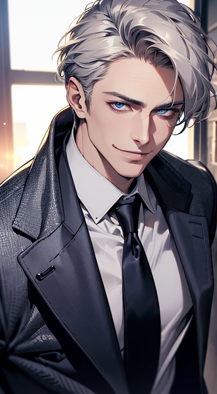 (best quality, masterpiece, 8K, photorealistic, cinematic lighting, 1:4 hdr image, ultra detailed, beautiful image), a mature man, 25 years very handsome, ((cold expression smile in love)), short grey hair, blue eyes, face perfect without mistakes, ((buttoning his jacket, CEO)), smile.