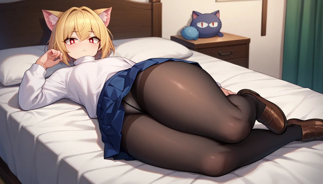 score_9, score_8_up, score_7_up, score_6_up, score_5_up, score_4_up, BREAK, 1boy, solo, necoarc, lit pupils, cat ears, blonde hair, red eyes, :3, turtleneck, blue skirt, pleated skirt, pantyhose, brown footwear, highlight thighs, thick thighs, looking at the viewer, in a bedroom, lying