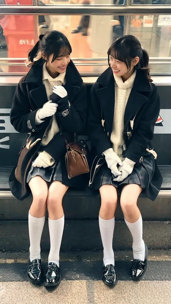Photo of two Japanese high school girls wearing duffle coats with leather shoes and shiny black leather gloves, Profile of a woman with her legs crossed at the entrance to the subway. This photo was taken in daylight with soft lighting..、The girls are sitting on the ground.。. This photo was taken by someone on their cell phone..、Apparently it was posted on Snapchat.。.