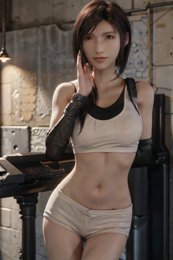 (masterpiece), (top-quality), 8K resolution, Ultra-detail, Ultra-detail, realisitic, a picture, photorealisim, (1girl), Tifa, Final Fantasy, tifa lockhart, rays of sunshine, cinematic, Cool Pose, concrete wall,metal pipes,Details red eyes,Detailed double eyelids,Short Hair Dark Brown Color,slender figure,Model body type,bustBcups nude and naked lady Jack-o pose