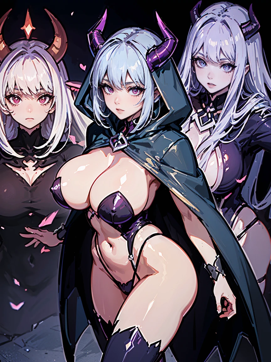 concept art, video game concept art, hentai game, anime, full body, best quality, masterpiece, maximum detail, high resolution, (((anime))), (((waifu))), (((hentai))), perfect anatomy, from the front, detailed background, High quality, incredible details, absurd res, full shot, ambient lighting, illuminated, female, (CharacterSheet:1), (multiple views, full body, upper body, reference sheet:1) Character with the following traits: Species(Succubus) Age(500 years) Gender(Female) Occupation(Succubus wizard) Height(190 cm tall) Hair(Bobcut, wavy, dark purple) Skin(Smooth, pale) Face(Big eyes, pink eyes, full lips, small nose) Physical features(Curvy, full thighs, huge tits, big ass, large purple demonic wings, extremely big purple demonic tail, silver horns) Outfit(Hooded dark blue cape, dark blue corset with silver outlines, dark blue boots, dark blue gloves) Personality(Sadistic, Intelligent, Perverted, Evil, Prideful)
