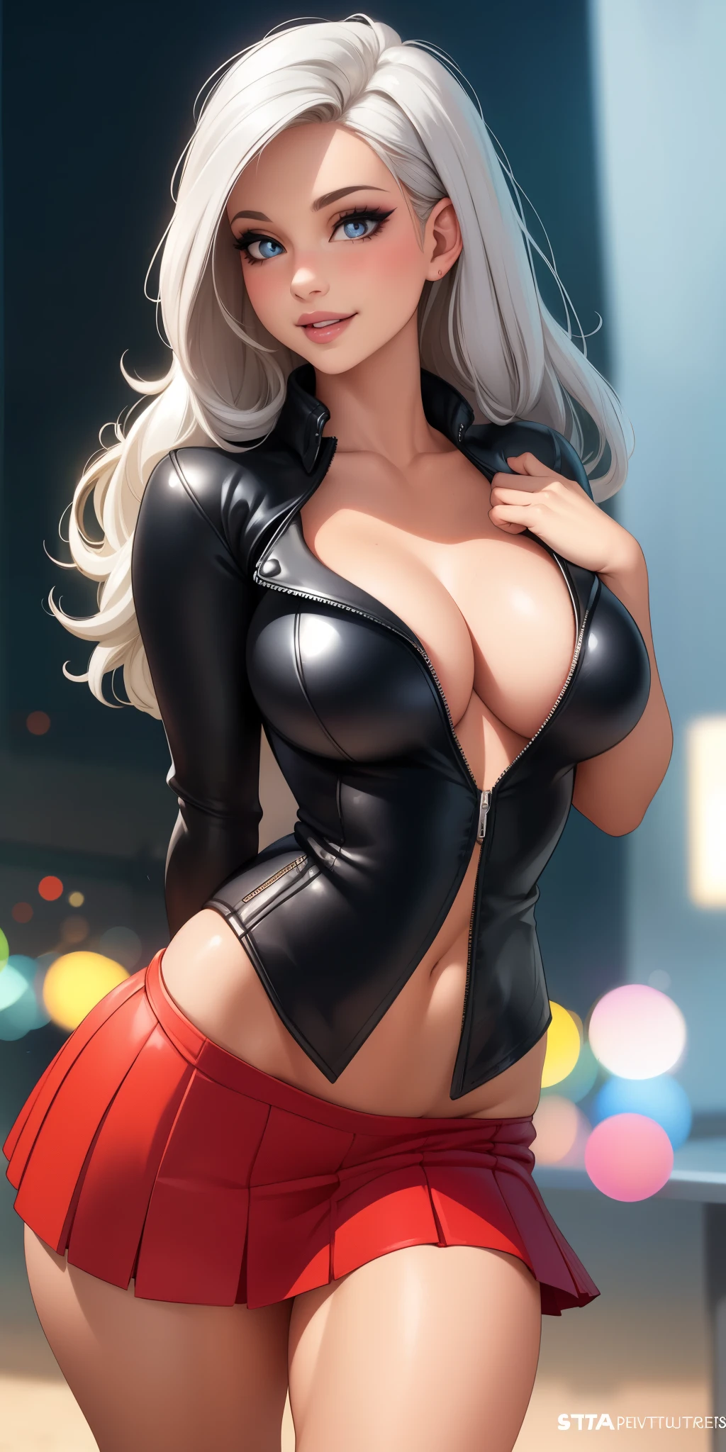Medium round breasts, playful expression, elegant makeup, cropped leather jacket and magical flowered skirt, silver hair flowing in the wind, attractive eyes, glossy lips, (best quality, ultra-detailed, photorealistic: 1.37), bright and vibrant colors, lighting portrait, sexy pose, smiling confidently and seductively, posing for a professional photo shoot, shallow depth of field, highlighting the main subject, soft natural lighting, creating a dreamy and magical atmosphere.