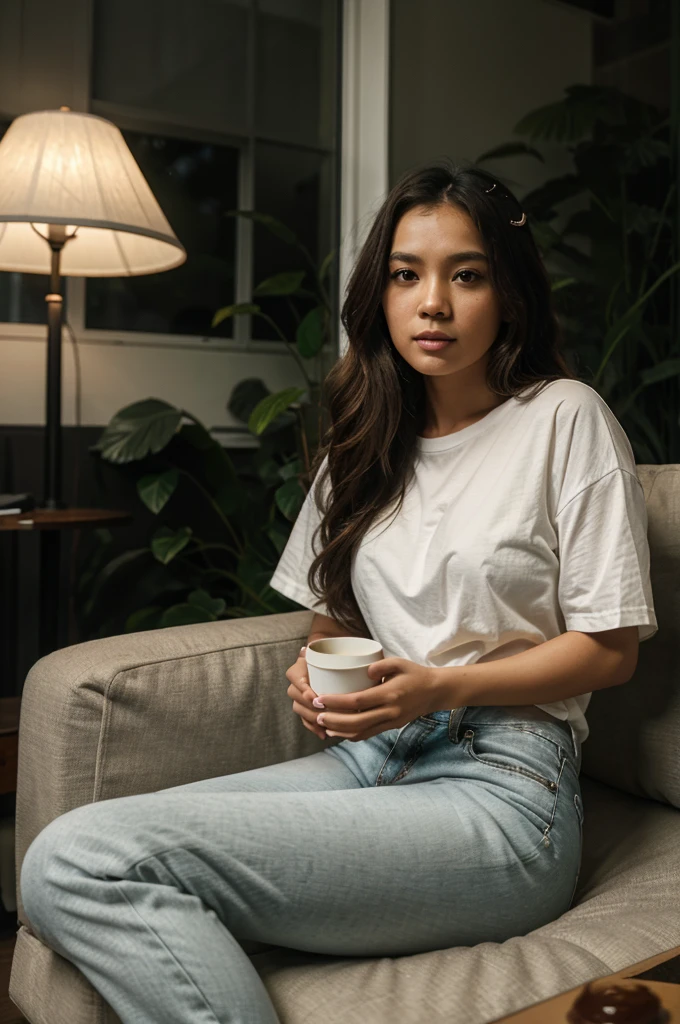 high quality portrait, an Indonesian woman with long curly hair wearing a flannel shirt and white t-shirt, jeans trousers, sneakers, sitting on a sofa in a dark, low-light outdoor room, in front of her there is a table with several sheets of paper , pen and coffee cup, playing guitar, behind him you can see a white wooden glass window with dull cream colored window curtains, trees can be seen from a distance. from the window, classy cinematic photo, taken in the rain, natural color composition, dark background provides a strong aesthetic accent, relaxed pose, beautiful pose, looking at the camera