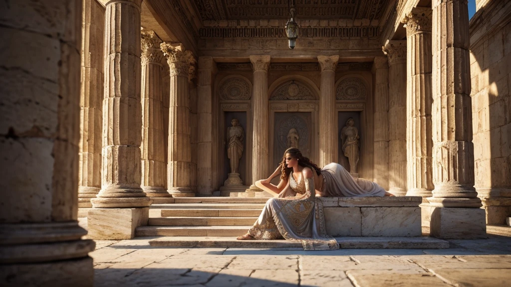 a beautiful woman resting in a garden of ancient Greece, cinematic, ultra realistic photo, (best quality,4k,8k,highres,masterpiece:1.2),ultra-detailed,(realistic,photorealistic,photo-realistic:1.37),HDR,UHD,studio lighting,ultra-fine painting,sharp focus,physically-based rendering,extreme detail description,professional,vivid colors,bokeh,portraits,landscape,ancient greek architecture,detailed intricate floral patterns,ornate marble columns,dappled sunlight,soft focus,volumetric lighting,dramatic shadows,warm color palette