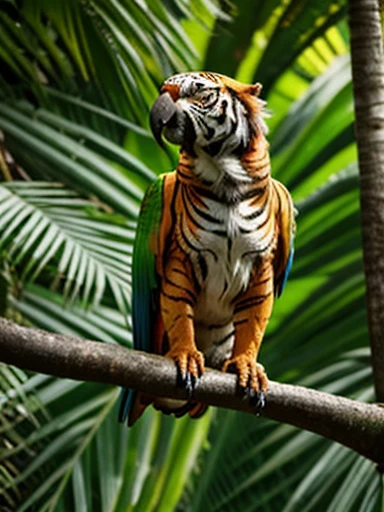 Realistic, exotic animal, colorful parrot with tiger body parts, tiger paws , mixed, no human parts, jungle, 50/50, parrot body, tiger claws, tiger head, perched in the jungle, tiger stripes