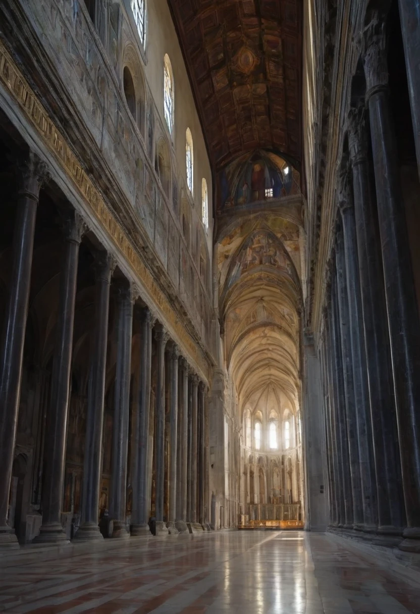 arafed view of a large cathedral with a large ceiling, interior of the old cathedral, inside view, with great domes and arches, by Cimabue, by Taddeo Gaddi, the narthex, in a monestry natural lighting, romanesque style, interior view, in this church interior, by Quirizio di Giovanni da Murano