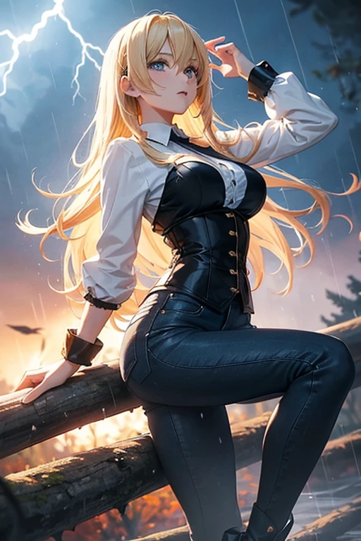 Modern anime-style digital painting of a 25-year-old female teacher in a frontal view and action pose during an autumn day, soaked by rain with dramatic lightning in the background. She is 165 cm tall, with measurements of 91-61-81 cm, and has waist-length, wavy blond hair with V bangs and bright blue eyes. Emitting a golden aura, she stands dynamically with one leg raised on a fallen log. She wears a ruffled white blouse, a black corset, skinny tight blue jeans, and high black boots, all drenched by the rain. The scene is set against rich autumn foliage and vivid lightning, enhancing the intense and mystical atmosphere.