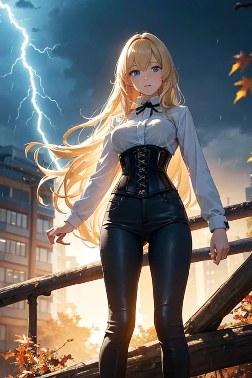 Modern anime-style digital painting of a 25-year-old female teacher in a frontal view and action pose during an autumn day, soaked by rain with dramatic lightning in the background. She is 165 cm tall, with measurements of 91-61-81 cm, and has waist-length, wavy blond hair with V bangs and bright blue eyes. Emitting a golden aura, she stands dynamically with one leg raised on a fallen log. She wears a ruffled white blouse, a black corset, skinny tight blue jeans, and high black boots, all drenched by the rain. The scene is set against rich autumn foliage and vivid lightning, enhancing the intense and mystical atmosphere.