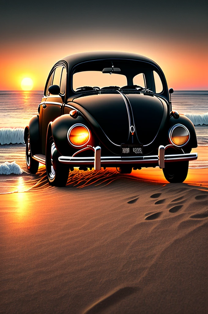 a black Volkswagen Beetle on the beach at sunset, cartoon