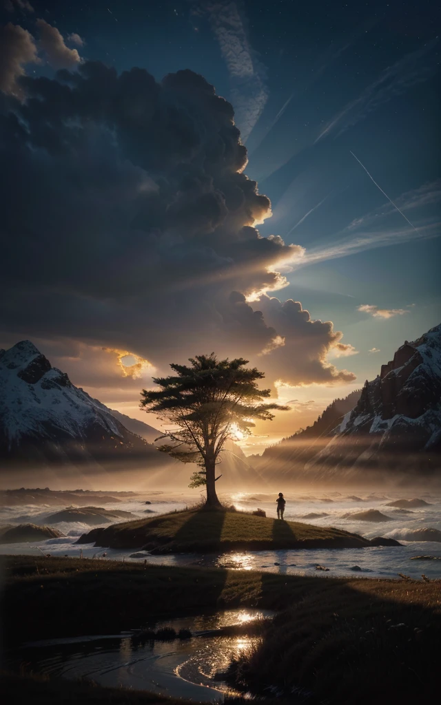 photorealistic landscape, natural landscape, naturey, Beleza Da naturey, Golden Sunset, Sky, Sky Power, Detailed Realistic Sunset, Cedars, Cedar, God's City, Heavens Realm, mountainscape, rivers of water, Sunset realism, Árvores naturey, Alone Men, man on his back, Man's Back, panorama, Alpha Male, Path to Heaven, heavenly, Detailed Realistic Image 8K, 16K Photorealistic Contrast, 8K Photorealistic Sharpness, 4K Photorealistic Cores, 16K Photorealistic Shadows, 8K Photorealistic Textures, 16K Photorealistic Texture, 4K Photorealistic Light, 4K PhotoRealism, FullHD 4K Detailed Contrast, detailed sharpness FullHD 8K, detailed sharpness FullHD 4K, detailed sharpness, 2K Detailed Colors, lifelike colors, FullHD Detailed Shadows, 4K Detailed Textures, detailed texture, padoru, Natural Beauty, chic 