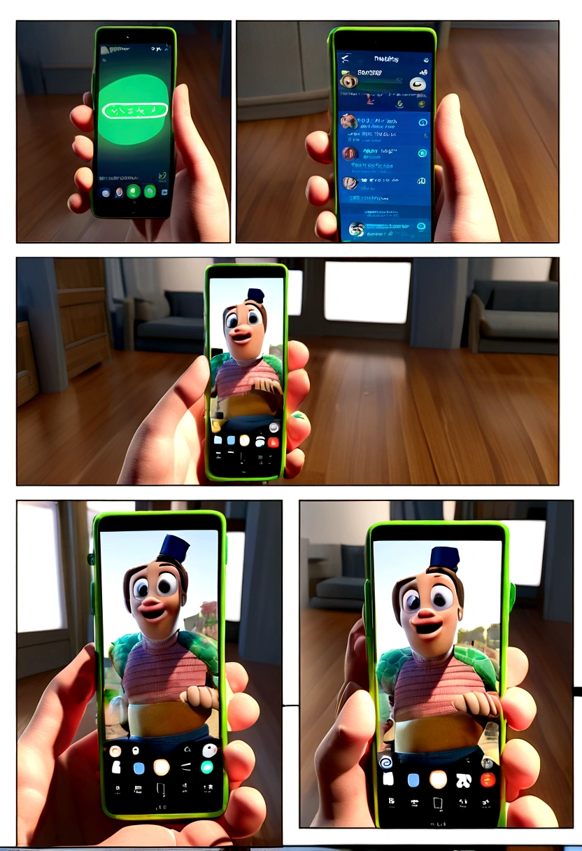 comic, pixar, 3D model, cell phone screen with open whatsapp chat