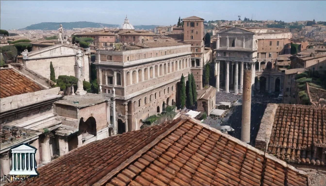 arafed view of a city with a lot of buildings and a clock tower, roman city, rome, ancient rome, rome in background, eternal city, roma, roman monuments, ancient roman setting, rome backdrop, roman historic works, market in ancient rome, old roman style, colosseo, city ruins in the background, ancient roman style, view from slightly above
