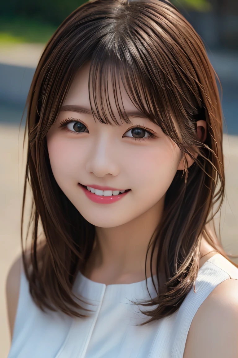 Highest quality, (beautiful)、Brown Hair、Sailor suit、Close-up、smile、looking at the camera、Big 、Upper Body、Shoot from above